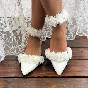 Women s Bridal Shoes White Wedding Shoes by Santorini Sandals Low Block Heels Chiffon Pom Pom Flowers Flat Bridal Shoes 156 Etsy
