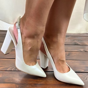 Ladies Bridal Shoes • White Wedding Shoes by Santorini Sandals • Slingback Block Heel Wedding Shoes • 999