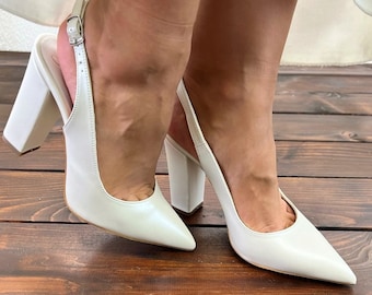 Ladies Bridal Shoes • White Wedding Shoes by Santorini Sandals • Slingback Block Heel Wedding Shoes • 999