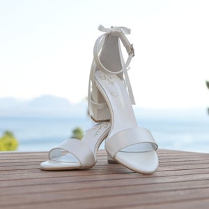 Bridal Sandals • White Satin Ribbon Bridal Shoes by Santorini Sandals • Block Heel Wedding Shoes • Satin Ribbon Ballet Bridal Sandals • 777