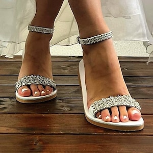 Wedding Sandals • White Leather Bridal Shoes by Santorini Sandals • Strass Beach Wedding Sandals • Low Heel Flats • 103