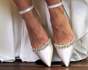 Zapatos de novia para mujer • Zapatos de boda color champán de Santorini Sandals • Zapatos de tacón con strass y perlas • Zapatos de boda con tacón de bloque • 549