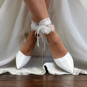 Women's Bridal Shoes • White Sheer Organza Ribbon Wedding Shoes by Santorini Sandals • Flat D'Orsay Pumps • Low Heel Bridal Shoes • 156