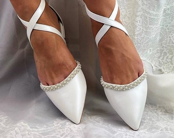 Women's Bridal Shoes • Ivory Wedding Shoes by Santorini Sandals • Low Block Heels • Pearls and Silver bead Trimming • Flat Bridal Shoes •154