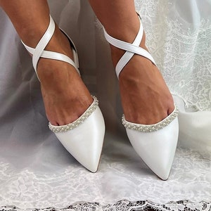 Women's Bridal Shoes • Ivory Wedding Shoes by Santorini Sandals • Low Block Heels • Pearls and Silver bead Trimming • Flat Bridal Shoes •154