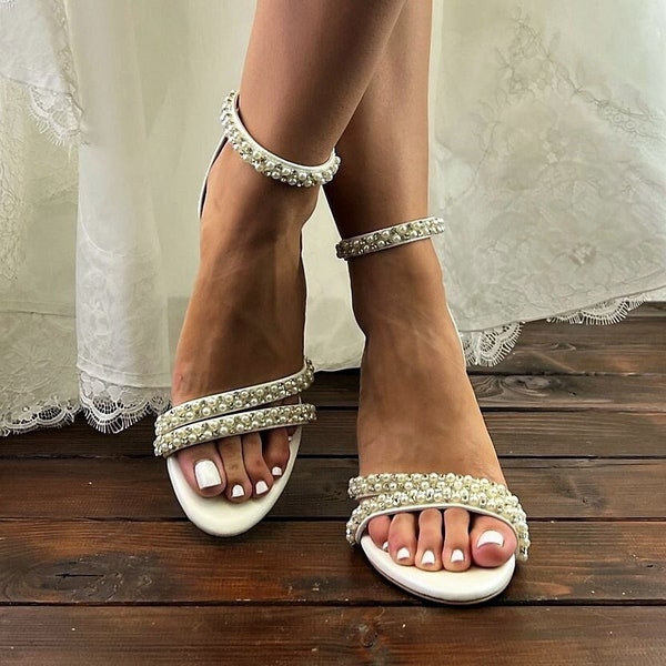 Bridal Sandals • Ivory Pearl Bridal Shoes by Santorini Sandals • Block Heel Wedding Shoes • Ladies Pearls and Crystal Trim Sandals • 706