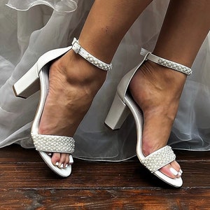 Bridal Sandals • Ivory Silver Beads and Pearls Bridal Shoes by Santorini Sandals • Block Heel Wedding Shoes •Ladies Pearl Sandals •777