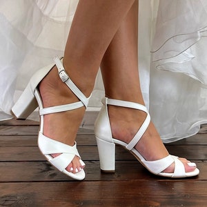 Bridal Sandals • White Crisscross Bridal Shoes by Santorini Sandals • Block Heel Wedding Shoes • Crisscross Strap Sandals • 764