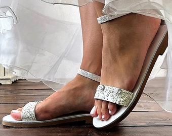 Wedding Sandals • White Leather Bridal Shoes by Santorini Sandals • Strass Floral Print Art Beach Wedding Sandals • Low Heel Flats •103