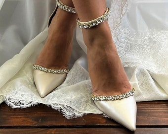 Scarpe da sposa da donna • Scarpe da sposa champagne di sandali Santorini • Décolleté con strass D'Orsay • Scarpe da sposa con tacco largo • 956