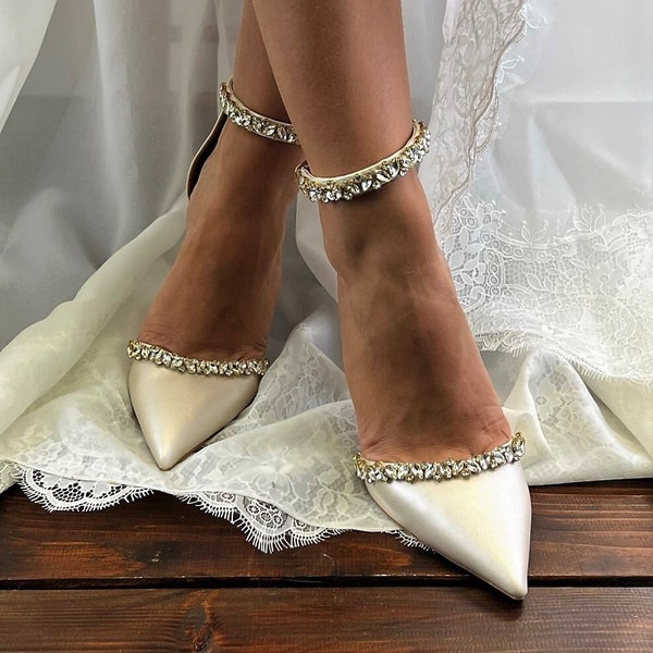Bruidsschoenen voor dames • Champagne trouwschoenen van Santorini Sandalen • Strass D'Orsay pumps • Trouwschoenen met blokhak • 956