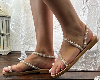 Hochzeitssandalen • Naturleder Brautschuhe von Santorini Sandalen • Perlen und Strass Strand Hochzeit Sandalen • Low Heel Wohnungen • 120