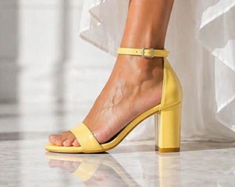 Sandalias amarillas de tacón ancho para novias • Zapatos de boda elegantes para mujer • 777