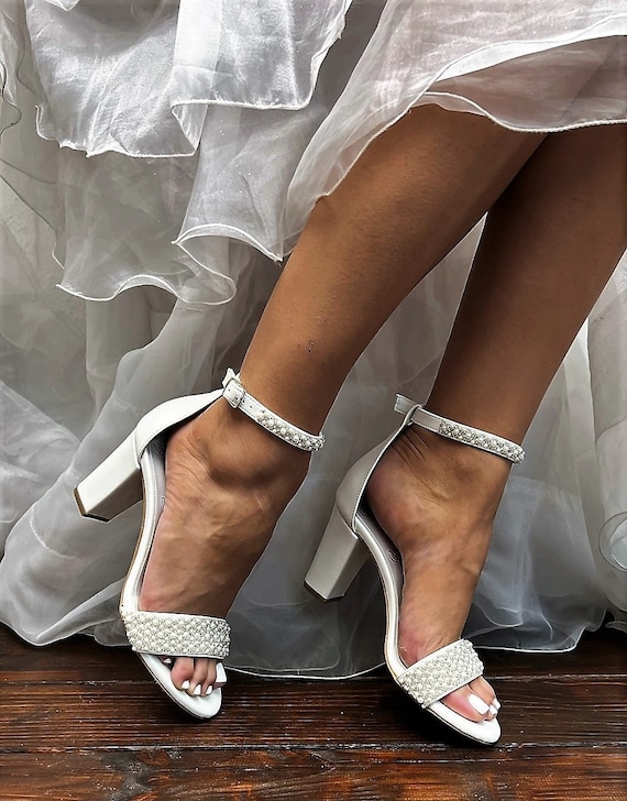 Bridal Sandals • Ivory Silver Beads and Pearls Bridal Shoes by Santorini Sandals • Block Heel Wedding Shoes •Ladies Pearl Sandals •777