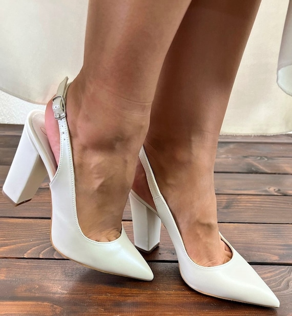 Ladies Bridal Shoes • White Wedding Shoes by Santorini Sandals • Slingback Block Heel Wedding Shoes • 999