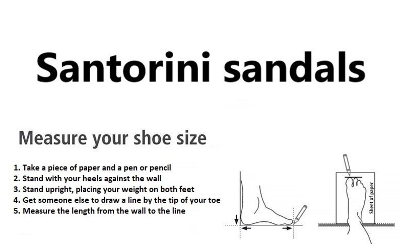 Op de afbeelding: Diagram met instructies voor het meten van je voetmaat voor sandalen. De instructies zijn: 1. Neem een vel papier en een pen of potlood. 2. Ga met je hakken tegen de muur staan. 3. Sta rechtop en plaats je gewicht op beide voeten. 4. Laat iemand anders een lijn trekken bij de punt van je teen. 5. Meet de lengte van de muur tot de lijn.