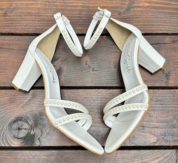 Block Heel Bridal Sandals • Ivory Pearl Bridal Shoes by Santorini Sandals • Thick Heel Wedding Shoes • Ladies Pearl Sandals • 706