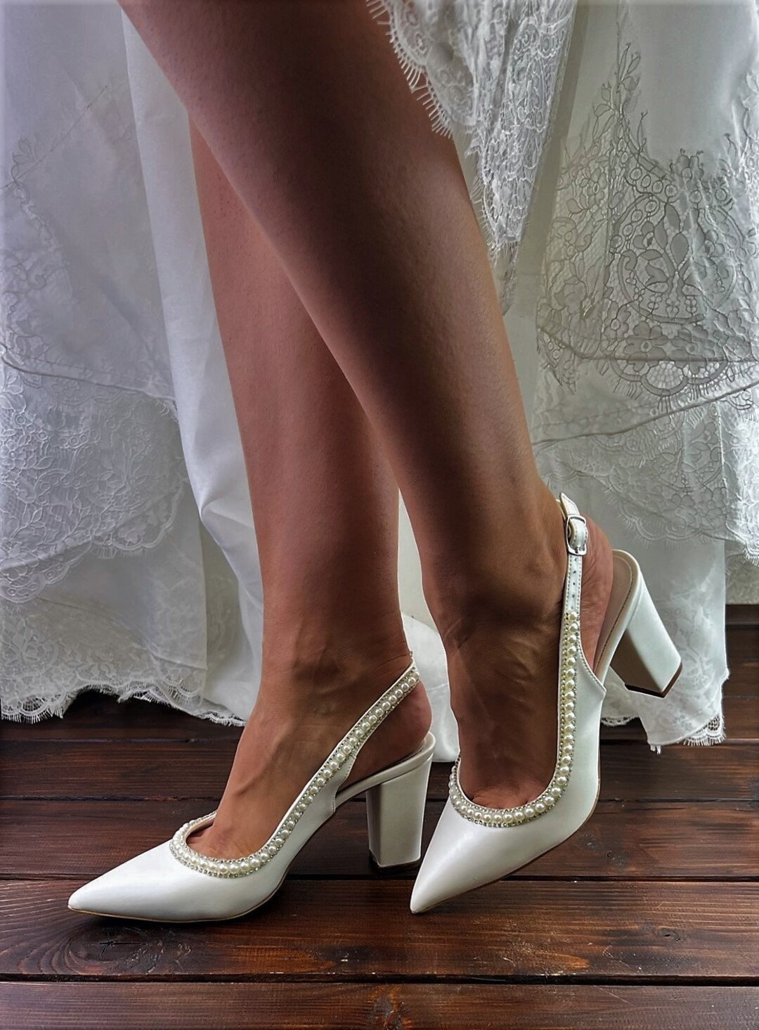 Minishion Women's Platform Wedding Shoes - 5.5 Inch Slingback Heels With Pearl Details For Bridal & Formal Events