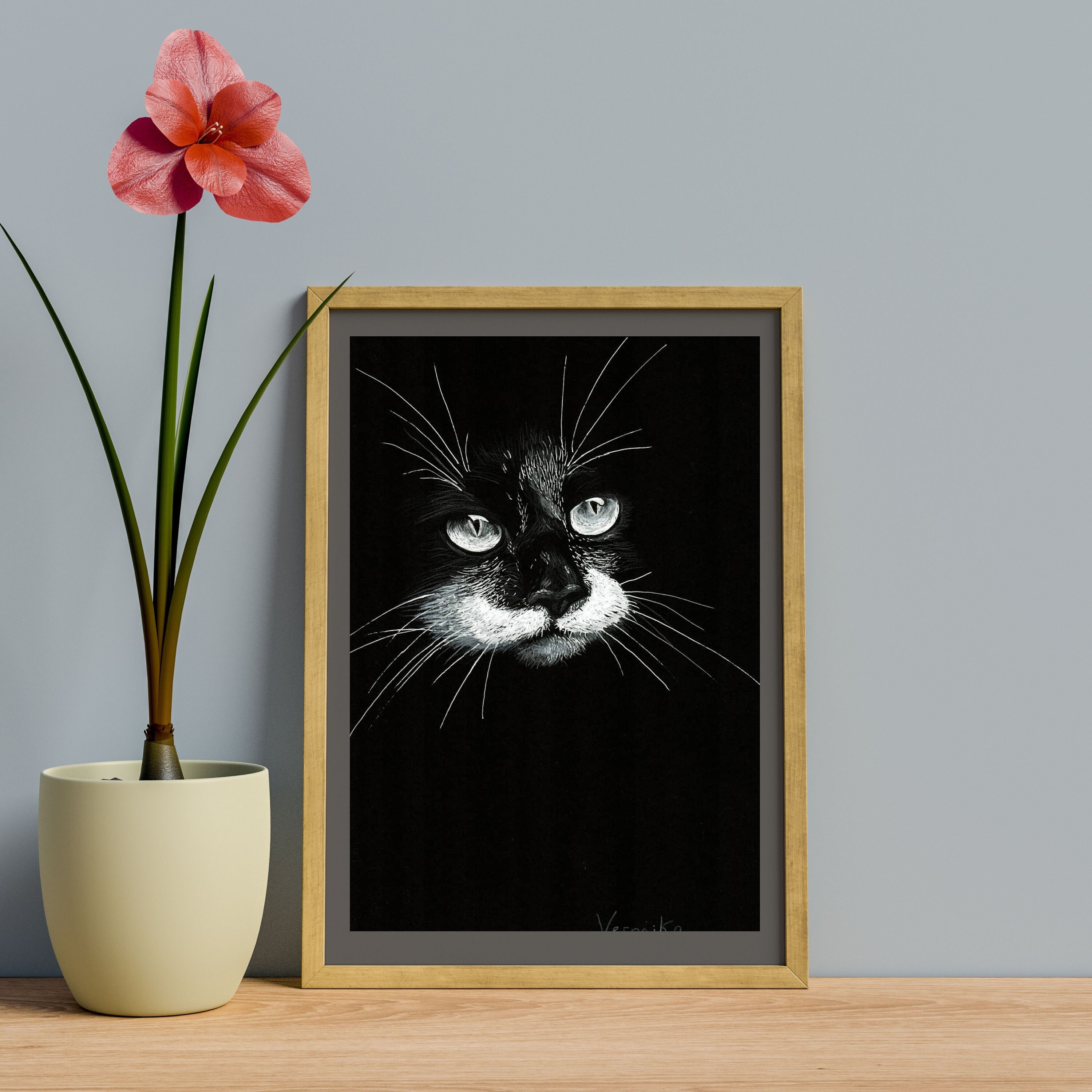 Cat Original drawing black Black and white art Cat wall art Etsy