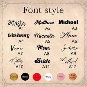 May include: Chart showcasing 12 font styles (A1-A12) for names like Krista, Matthew, Michael, Lindsay, Micaela, Anne, Viana, Mona, Jomari, Millie, Bride, and Colbert.  Each style is presented with a sample name and color options: gold, black, red, white, pink, and rose gold.