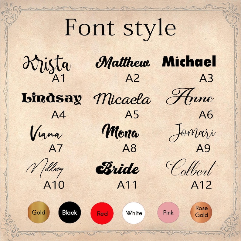 May include: Chart showcasing 12 font styles (A1-A12) for names like Krista, Matthew, Michael, Lindsay, Micaela, Anne, Viana, Mona, Jomari, Millie, Bride, and Colbert.  Each style is presented with a sample name and color options: gold, black, red, white, pink, and rose gold.