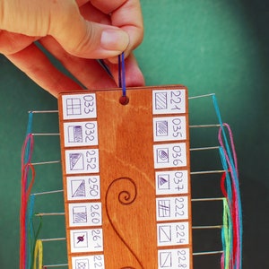 May include: A wooden thread organizer with a series of small white labels, each with a number and a small drawn design. Colorful threads are strung through the organizer. A hand holds a blue thread at the top. The background is a solid green.