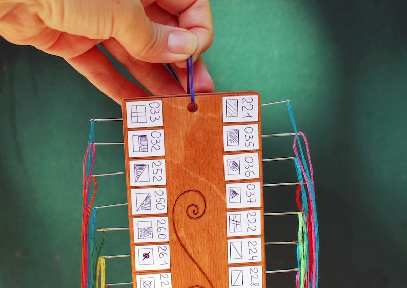 May include: A wooden thread organizer with a series of small white labels, each with a number and a small drawn design. Colorful threads are strung through the organizer. A hand holds a blue thread at the top. The background is a solid green.