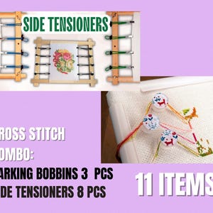 Op de afbeelding: Een kruissteek-comboset met zijspanners en parkeerspoelen. De afbeelding toont houten frames met zijspanners, een kruissteekproject en drie parkeerspoelen. Tekst op de afbeelding luidt "SIDE TENSIONERS", "CROSS STITCH COMBO" en "11 ITEMS".