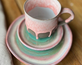 Handmade ceramic set (mug + small plate + plate)