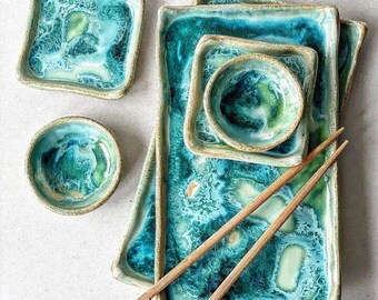 Handmade ceramic SUSHI set for two people (2x plate + 2x stand + 2x bowl) WATERFALL blue green white