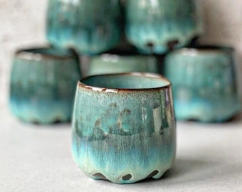 Handmade dark clay ceramic cup mug without handle 300 ml turquoise blue lagoon