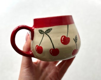 Handmade ceramic mug 300 ml with hand-painted CHERRIES red cherry