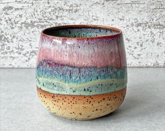 Handmade dotted ceramic cup without handle 275 ml SUMMER ombre pink blue green