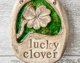 Handmade ceramic LUCKY CLOVER pendant, green, wall decor