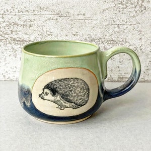 Handmade ceramic mint&blue mug with HEDGEHOG 280 ml animals