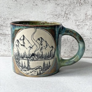 Big handmade ceramic mug with MOUNTAINS 600 ml mint