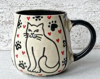 Handmade ceramic mug 450 ml with hand-painted CATS and paws hearts cream beige black red