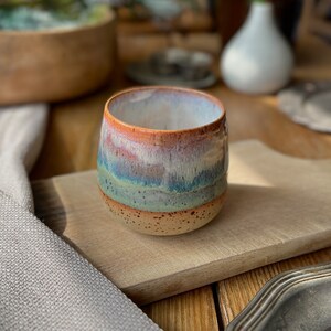 Handmade dotted ceramic cup without handle 275 ml SUMMER ombre pink blue