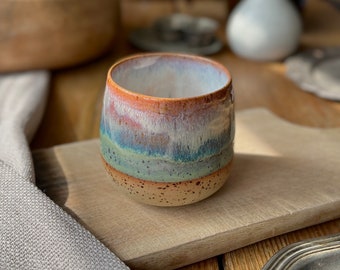 Handmade dotted ceramic cup without handle 275 ml SUMMER ombre pink blue