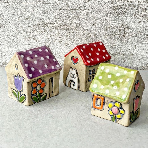 Set of 3 handmade ceramic miniature houses small tiny