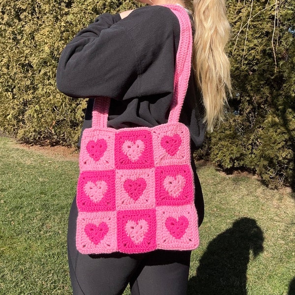 Crochet Pink Heart Patchwork Tote Bag