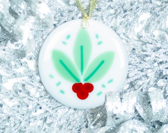 Holiday Laurel & Berries© Fused Glass Ornament