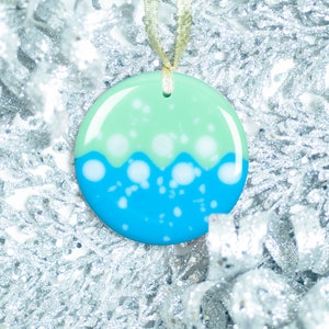 Green & Blue Holiday Snowball© Fused Glass Ornament