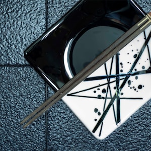 Granite Mica Obsidian© Black and White Contemporary Fused Glass Sushi Plate