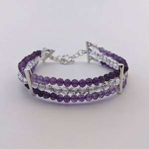 Amethyst, Swarovski crystal silver shade, and Sterling silver 3-strand women&#39;s special occasion bracelet, multi-strand gemstone bracelet