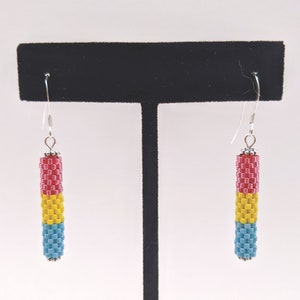 Pansexual pride earrings, sterling silver earrings with peyote woven pan pride flag, LGBTQ+ pride