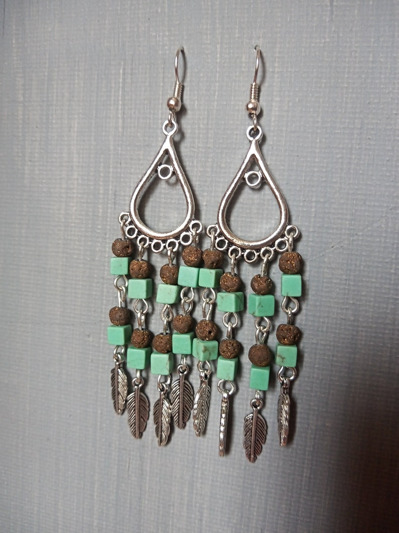 Boho Hipi Style earrings with feathers Mint turquoise brown Lava handmade Aztec American DIY made in Poland natural stone