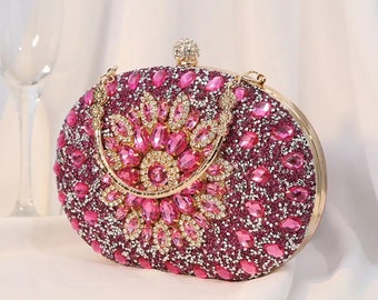 Luxury pink crystal beaded clutch for formal occasions, Pink Crystal wedding clutch purse, Bridal handbag