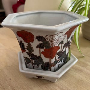 May include: White ceramic hexagonal planter with a matching saucer. The planter features red and white floral designs and dark green leaves. This decorative planter is designed for indoor use.