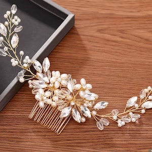 Gemma - Gold and crystal bridal hair comb, Gold crystal and pearl wedding hair comb, Bridal hair accessory, Wedding hair comb